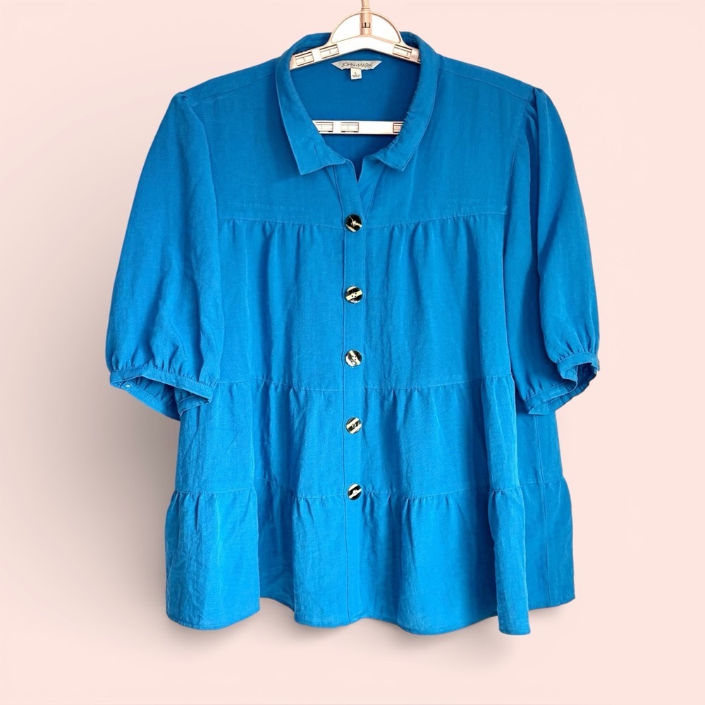 John Mark Women Tiered Tunic Top Sz L Blue Button Front Coastal Cottage Peasant